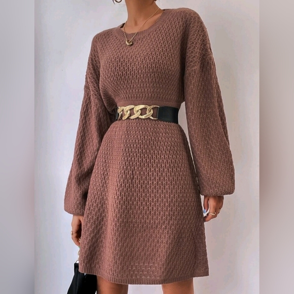 Lantern Sleeve Sweater Dress Without Belt - Picture 1 of 4